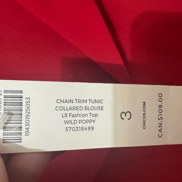 Chico's Red Chain Trim Collared Tunic Blouse Size XL - Picture 6 of 6